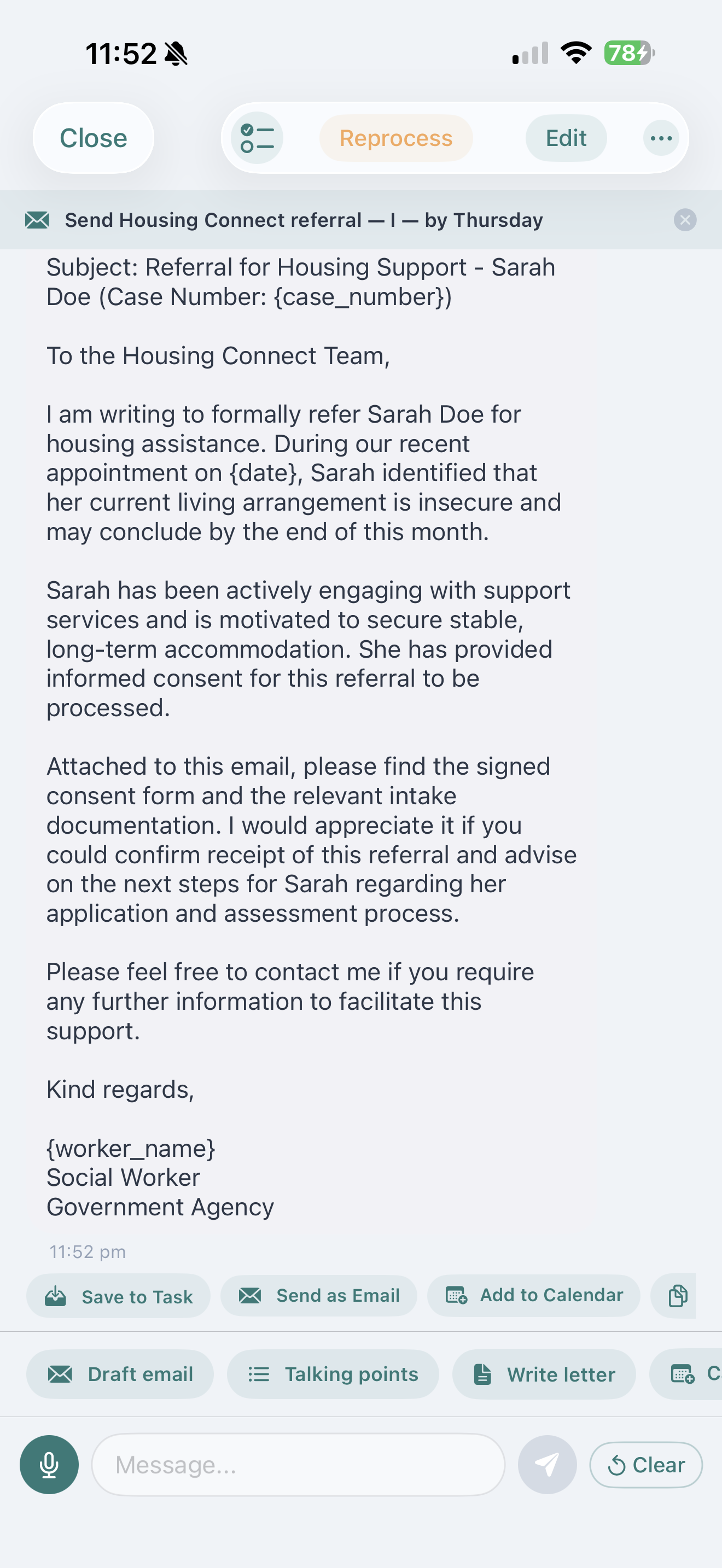 CasenotePRO's AI assistant drafting a follow-up referral email, with buttons to save it as a task, send it as an email, or add it to a calendar