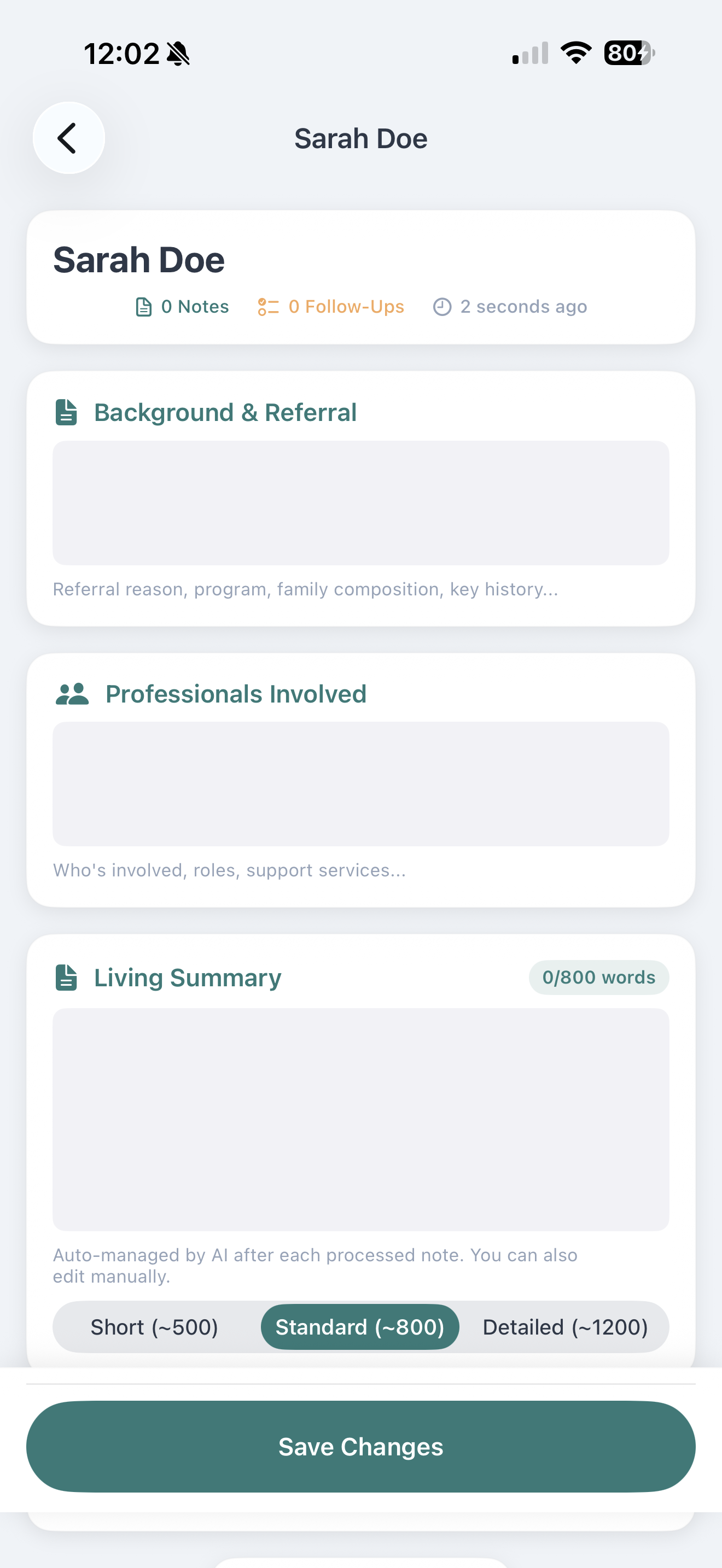 A CasenotePRO family profile for a client, showing Background & Referral, Professionals Involved, and an AI-managed Living Summary